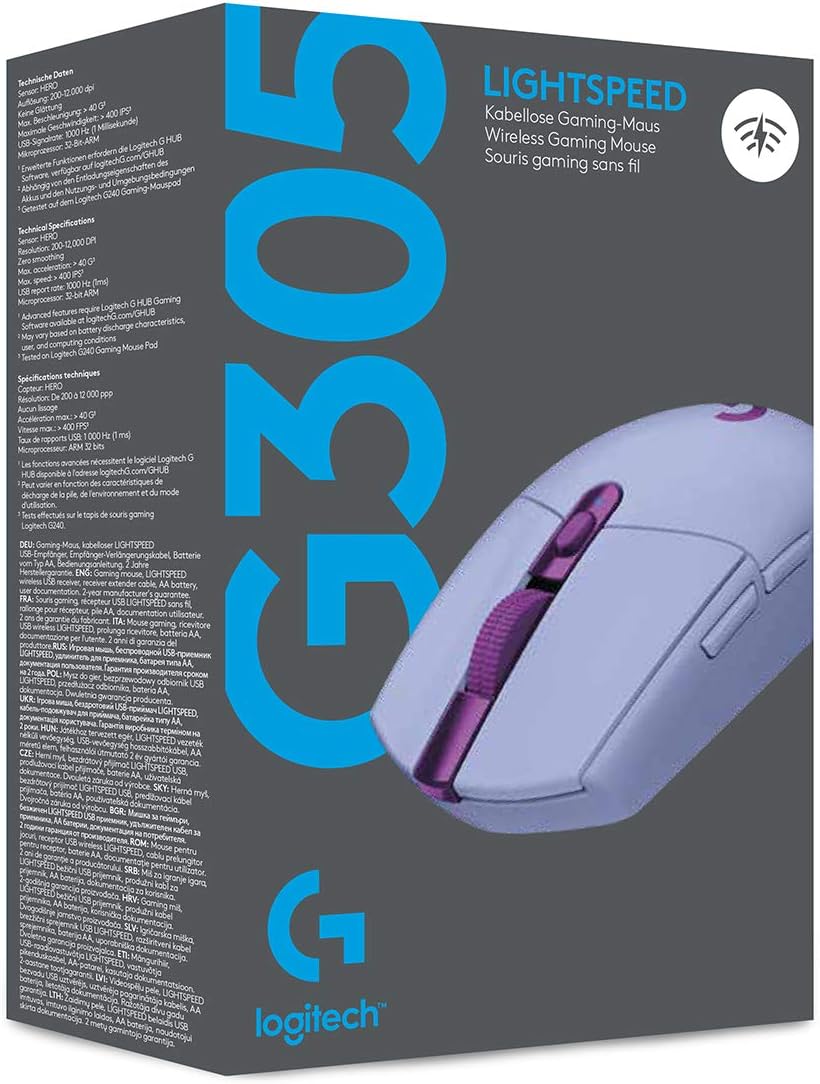 Logitech G305 Lightspeed Wireless Gaming Mouse, Hero Sensor, 12,000 DPI, Lightweight, 6 Programmable Buttons, 250h Battery, On-Board Memory, Compatible with PC, Mac - Lilac