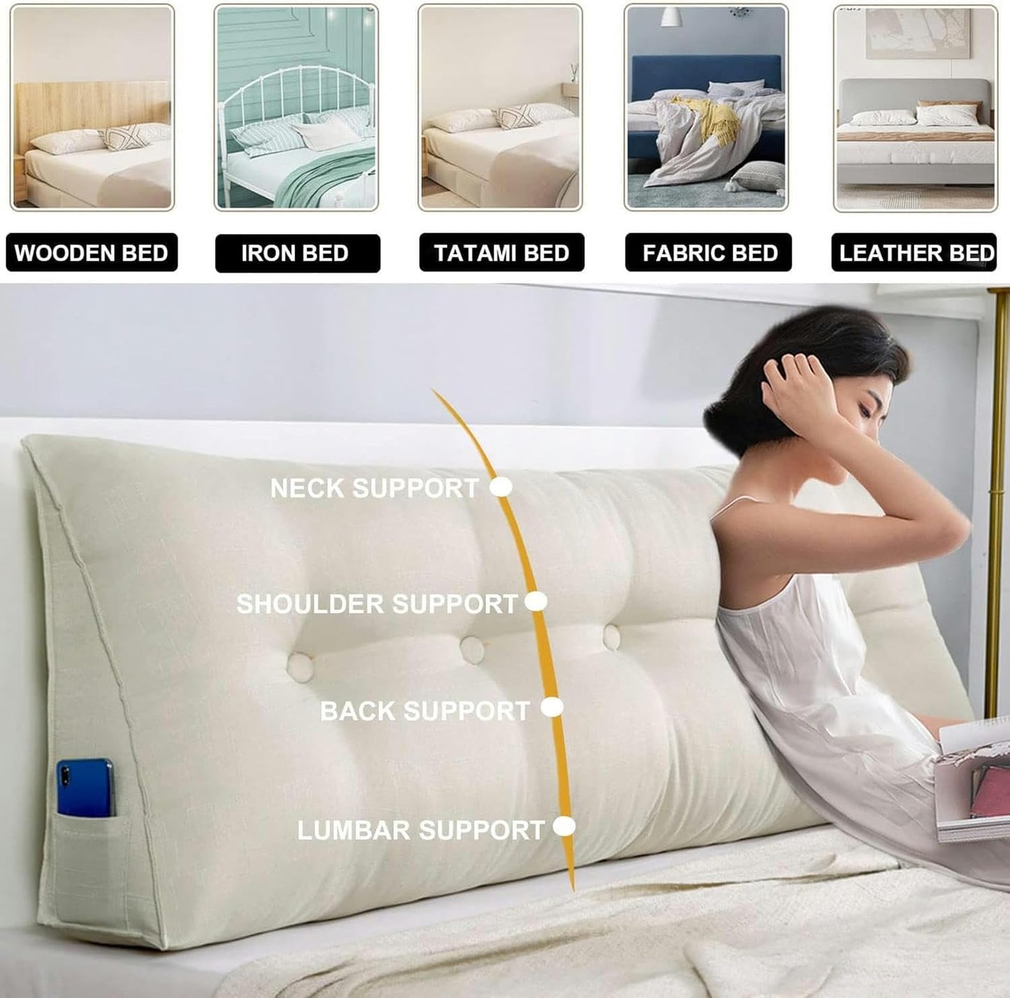 Linen Wedge Headboard Pillow,Large Bolster Triangular Headboard Reading Pillow,Solid Color Positioning Bed Rest Cushion Daybed Backrest with Removable Cover, White