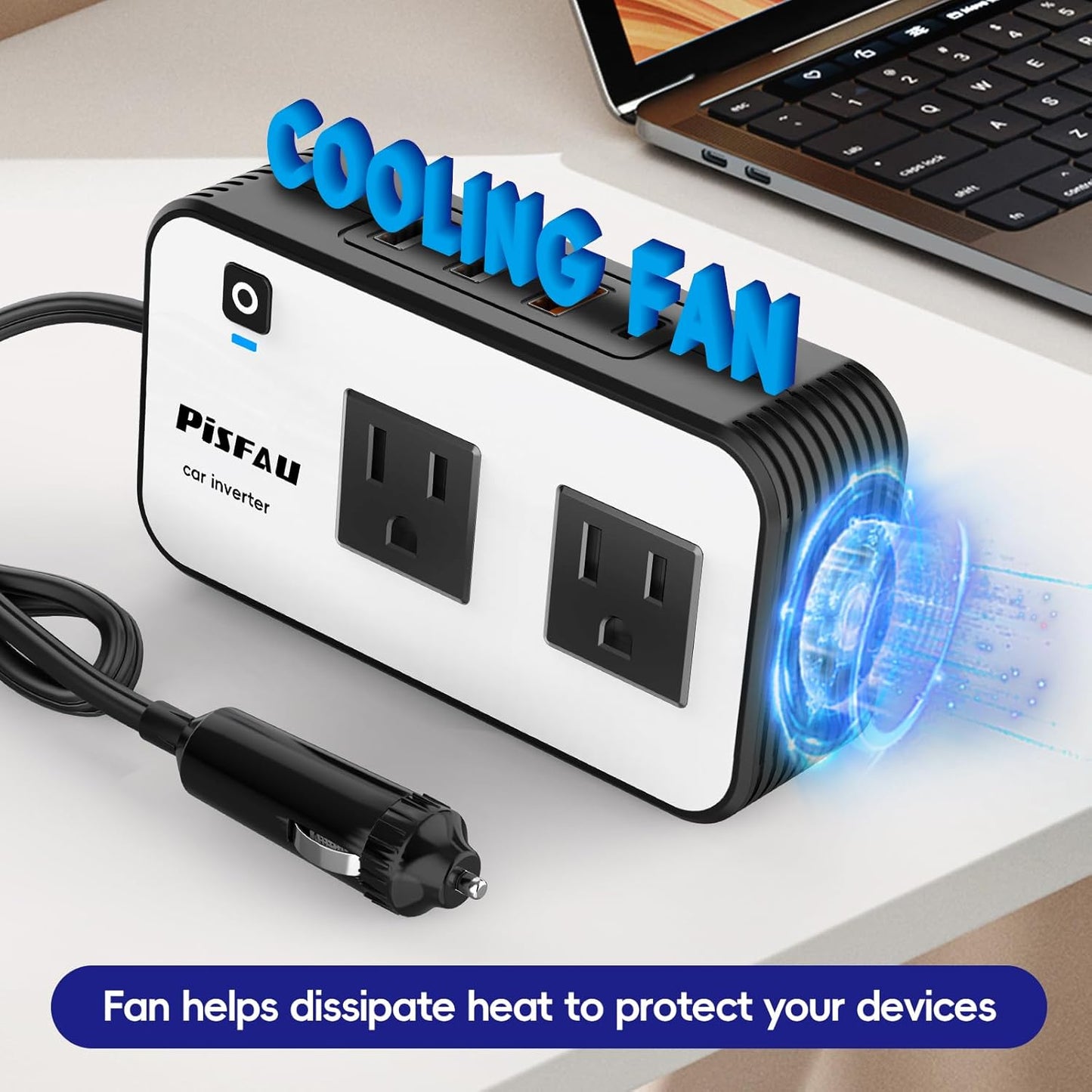 200W Car Power Inverter, PiSFAU DC 12V to 110V AC Car Plug Adapter Outlet with [20W USB-C] /USB-Fast Charger(18W) / 4.8A Dual USB/car Charger for Laptop