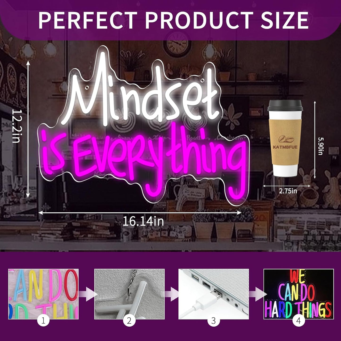 Mindset is Everything Neon Sign Dimmable LED Light Up Sign，USB Powered Positive Quotes Motivational Neon Light for decoration, back-to-school season, graduation season, student gifts