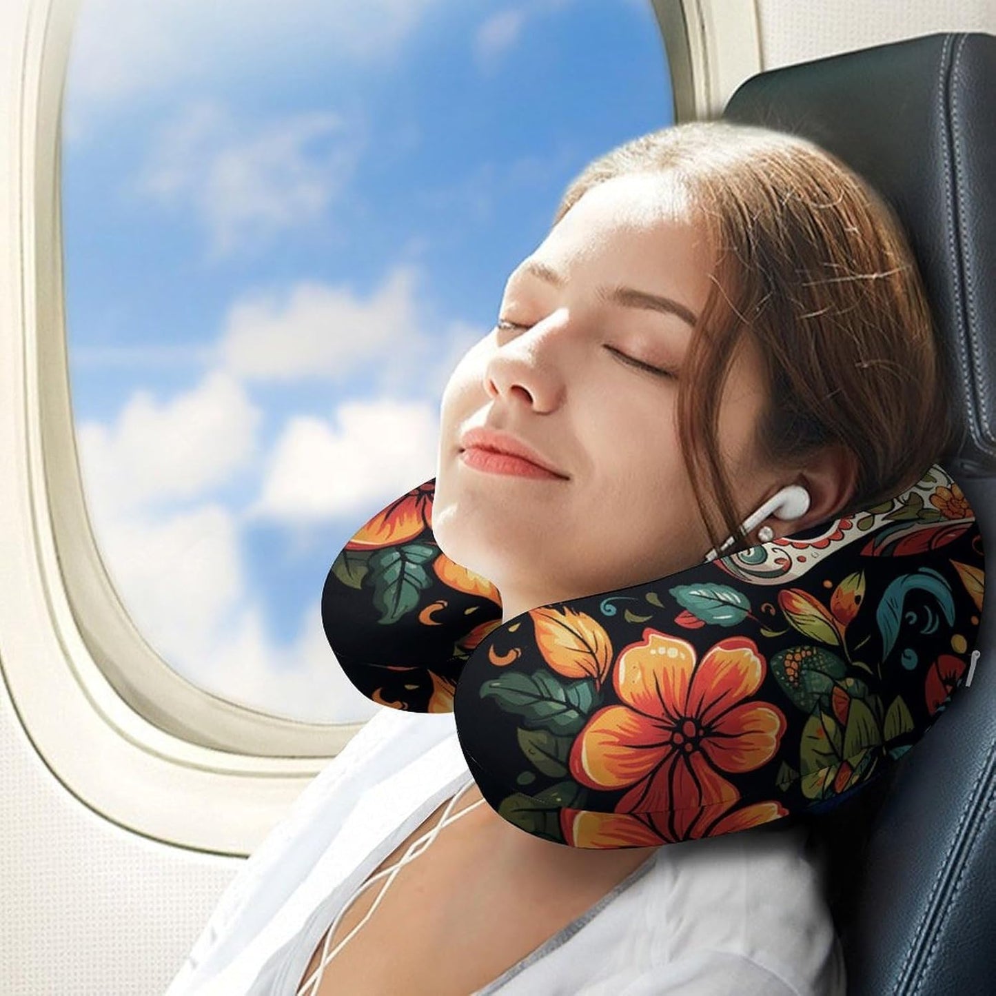Colorful Sugar Skull Neck Pillow Memory Foam U Shaped Pillows Portable Pillows for Shoulder Travel Head Support Pillow with Concealed Zipper for Airplane Car Home Office