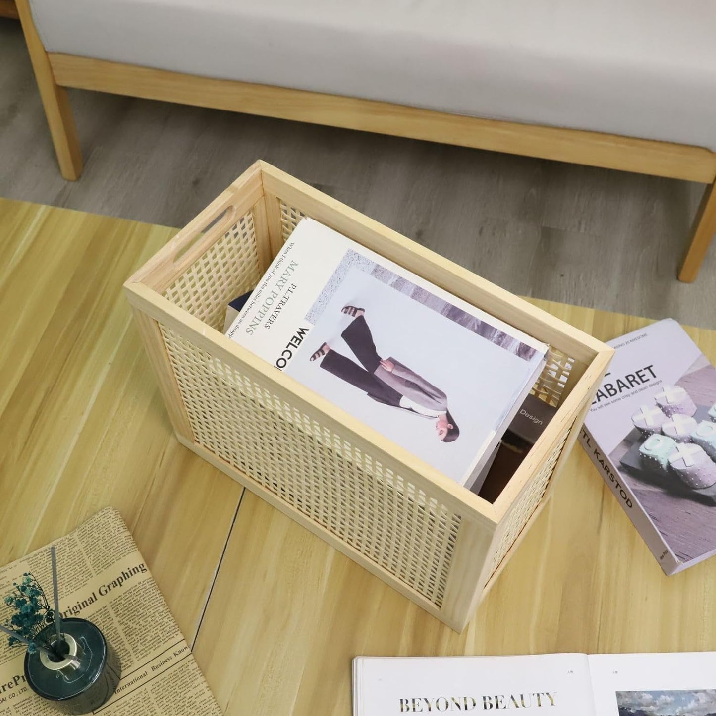 Wood Magazine Holder with Jute Rope Handles,Handcrafted Bamboo Toilet Roll Holder,Wicker Magazine Storage Organizer for Bathroom,Office and Desk -Rectangle- Natural- 15" D x 6.9" W x 11.8" H. (0.58)