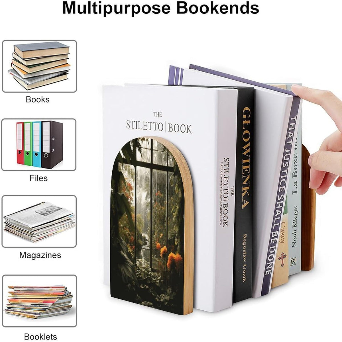 Scenery in The Window Wooden Bookend Non-Slip Book Ends Heavy Duty Book Stopper with Metal Base Books Holderd Decorative Bookends Stands Firmly for Office Supplies