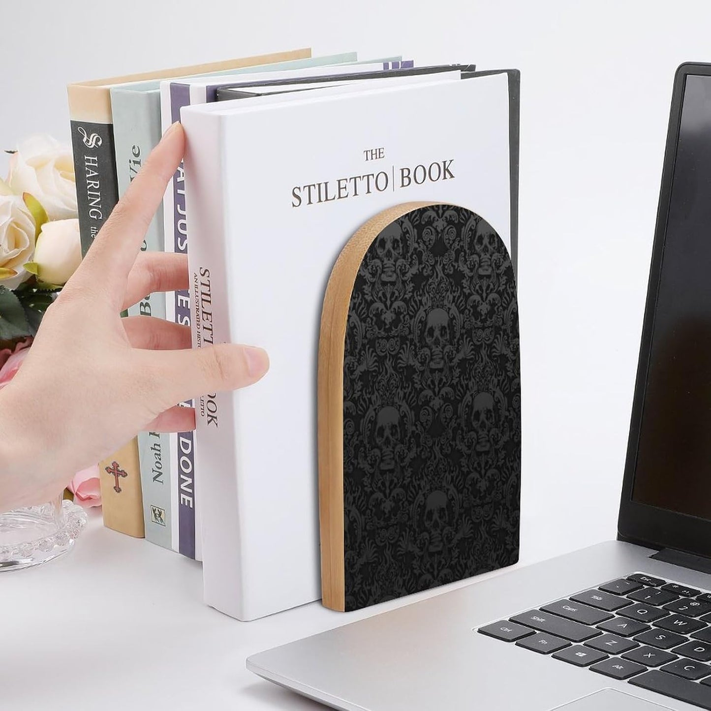 Gothic-Wallpaper-for-Walls-Skull-Damask Wooden Bookend Non-Slip Book Ends Heavy Duty Book Stopper with Metal Base Books Holderd Decorative Bookends Stands Firmly for Office Supplies