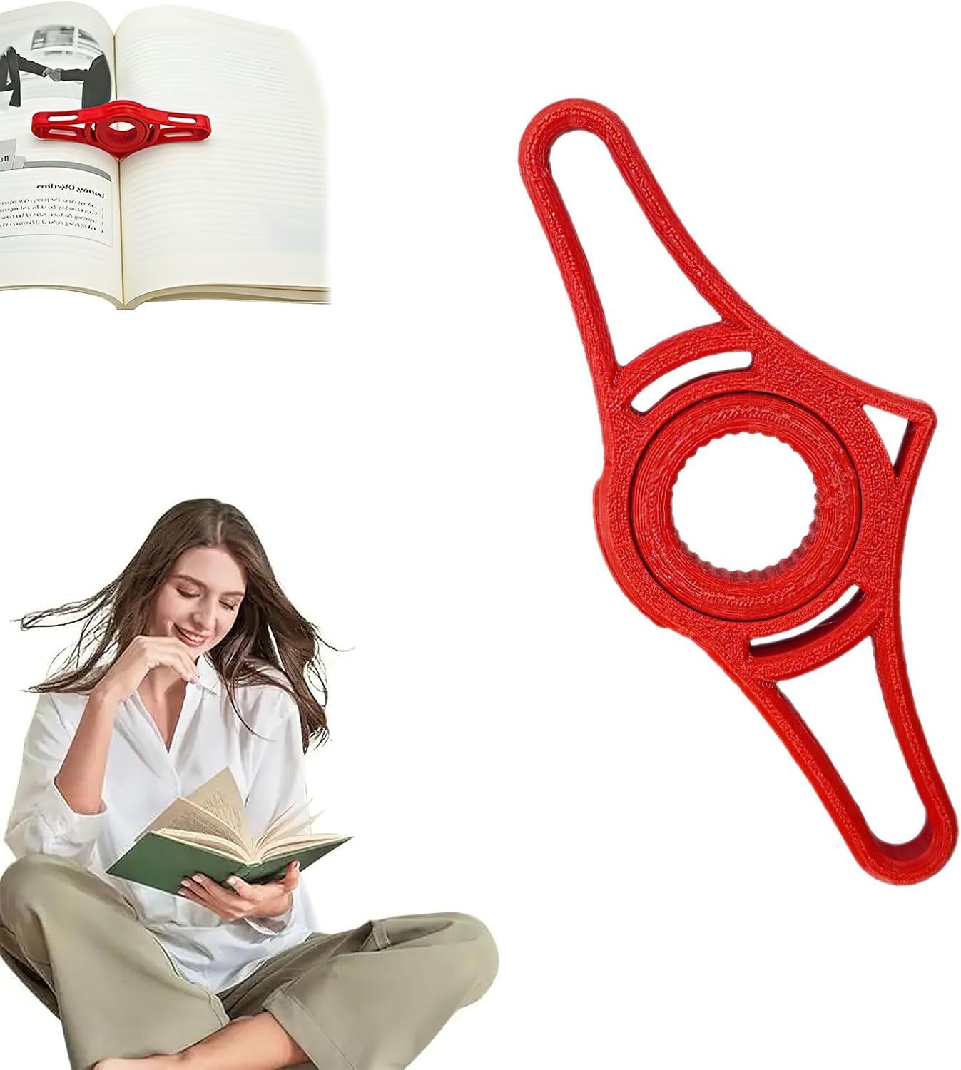 2 Pcs Thumb Page Book Holder for Reading, Rotating Ergonomic Design Reader Book Holder Ring, Adjustable Dual-Angle Tilting Page Device, Bookmark Accessories for Reading Lover (Red)