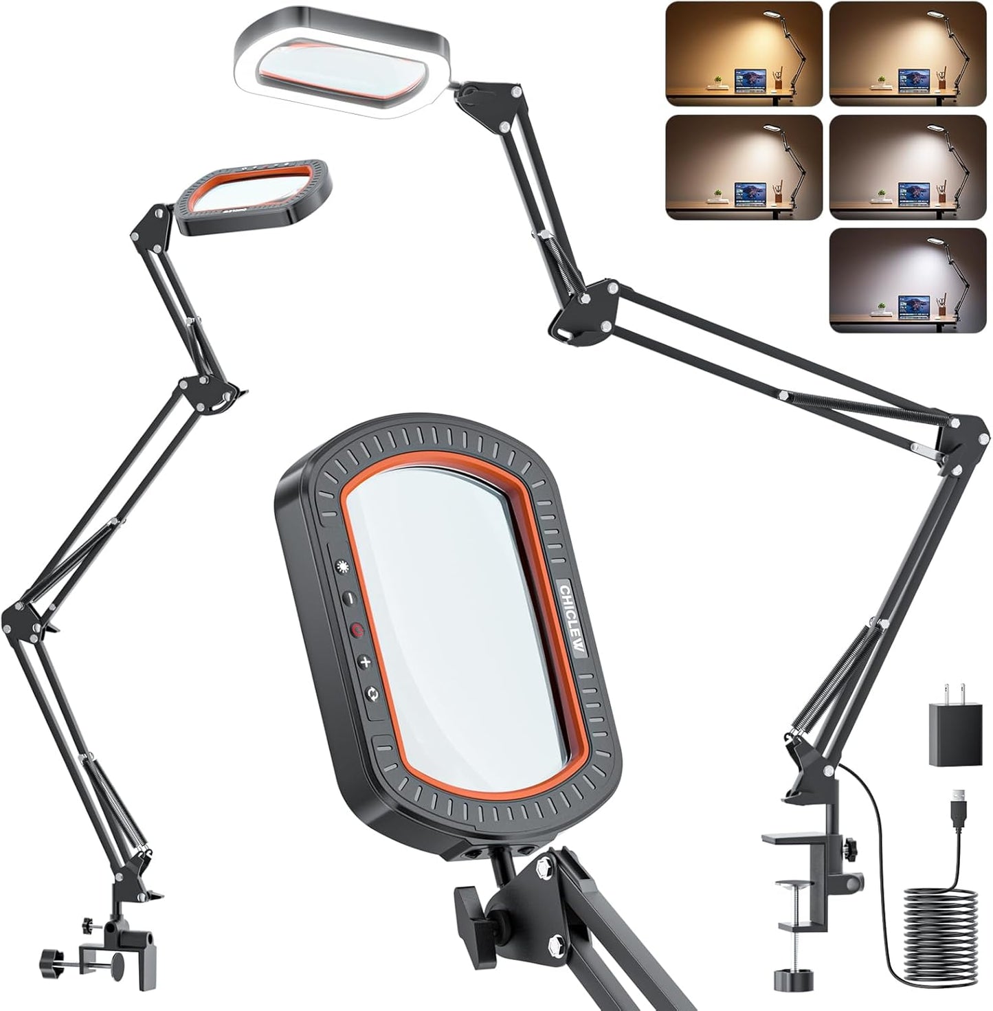 10X Rectangle Magnifying Glass with Light, 3 Arms 5 Color Modes Large Magnifying Glasses with Clamp, Lighted Desk Lamp Magnifier Hands Free for Crafts Jeweller Repair Painting Close Work Hobbies