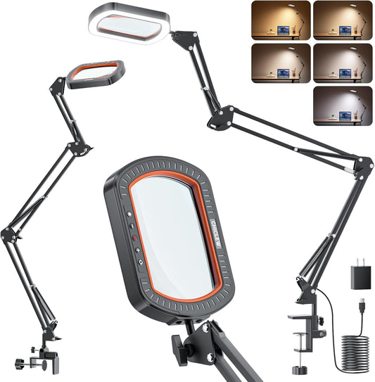 10X Rectangle Magnifying Glass with Light, 3 Arms 5 Color Modes Large Magnifying Glasses with Clamp, Lighted Desk Lamp Magnifier Hands Free for Crafts Jeweller Repair Painting Close Work Hobbies