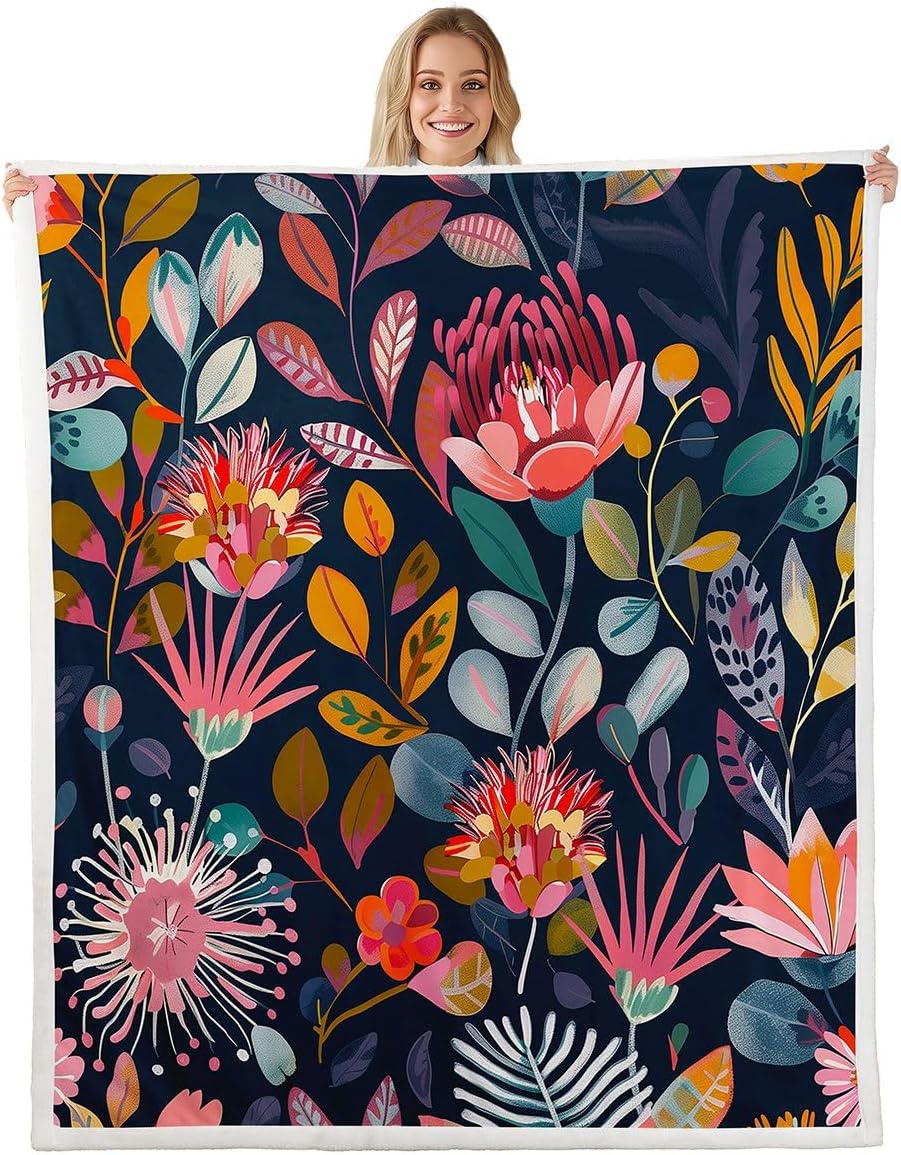 Feelyou Floral Sherpa Throw Blanket for Couch Navy/Pink/Orange Super Soft Cozy Fleece Garden Blanket for Winter, Plush Throw Vintage Floral Baby 30"x40" All Season