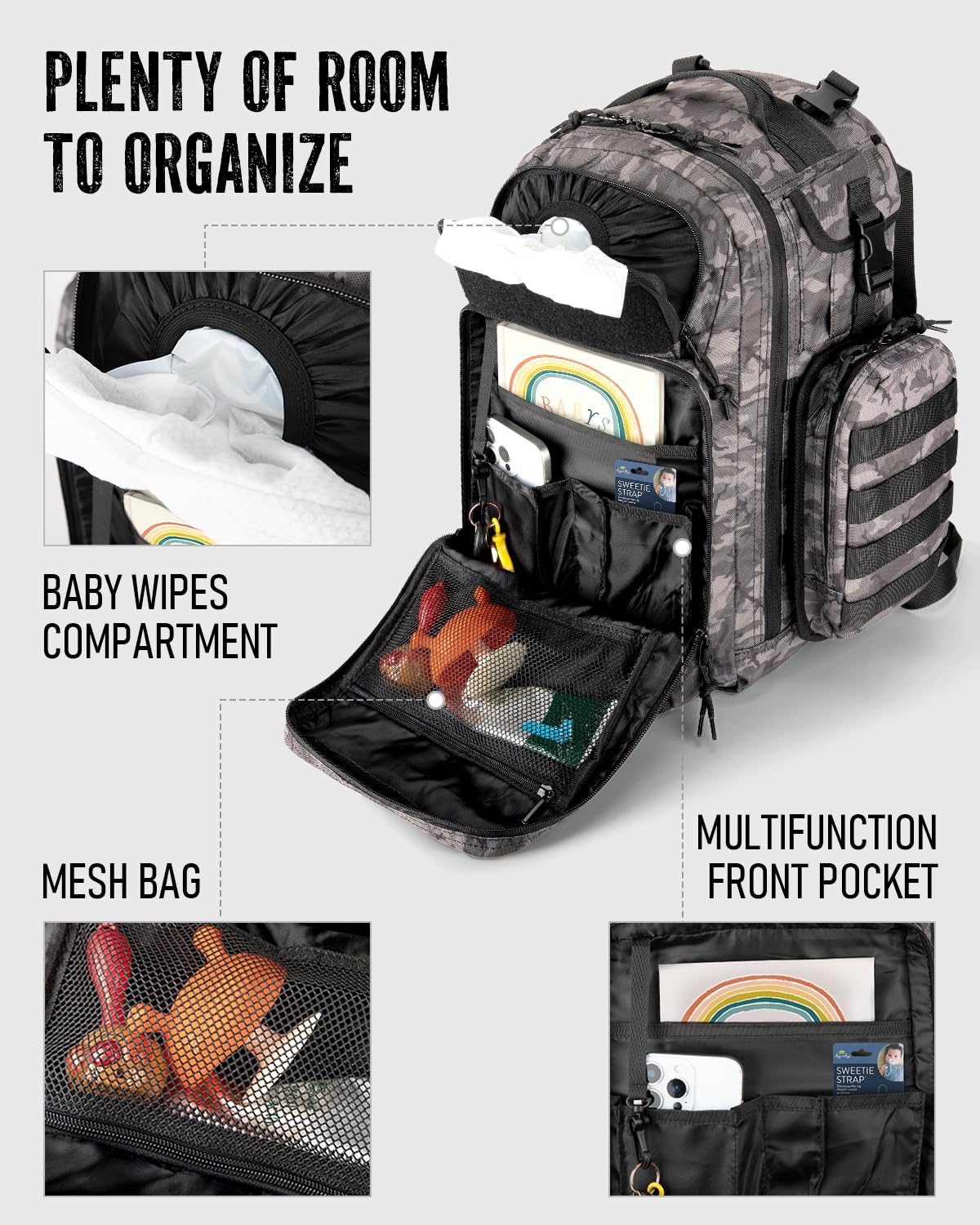 Dinictis Dad Diaper Bag, Mens Diaper Bag Backpack with Diaper Changing Mat, Military Diaper Backpack with Molle Webbing, Waterproof Pouch, Baby Wipes pocket, Insulated Bottle Pockets- Black Camo
