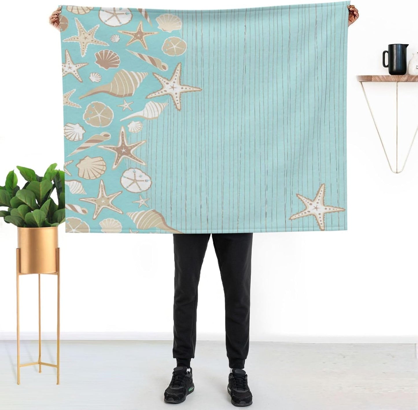 Happy Summer Ocean Themed Coastal Beach Starfish Scallop Throw Blanket Cozy Warm Blankets Soft Flannel Blankets Gift Home Bedding Living Room Couch Sofa Bed for All Seasons Blanket 40x50inch