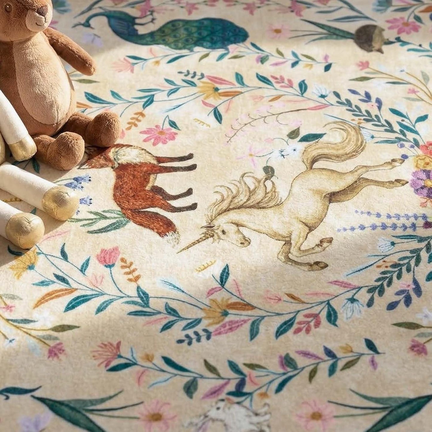 jinchan Round Rug 5ft Kids Room Area Rug Washable Indoor Unicorn Rug Soft Non-Slip Low Pile Fairytale Woodland Animals Floral Carpet for Classroom Nursery Playroom Bedroom Living Room Daylight Cream