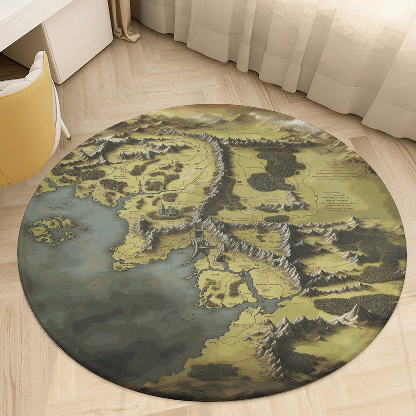 Round Small Area Rug, Middle Earth Map Print Circle Rugs, Non Slip Washable Floor Mat, Soft Throw Rug for Living Room, Powder Room Entryway, Bathroom, Bedside, Floor Decor 80 * 80cm