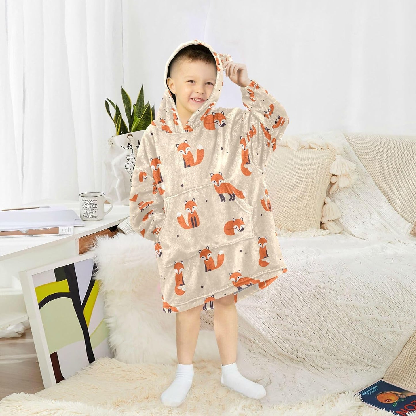 YETTASBIN Fox Wearable Blanket Hoodie for Kids, Oversized Soft Cozy Flannel Sweatshirt Blanket with Pocket