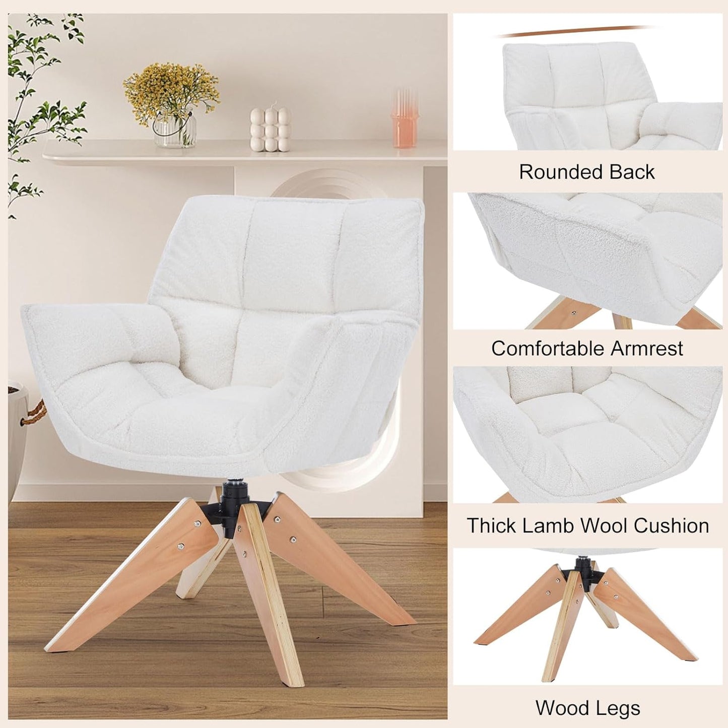 Mid Century Accent Chair, Lambs Wool Vanity Chair Modern Cozy Desk Chair no Wheels with Amrest, Wood Legs for Living Room, Reading Room, Bedroom, White Lambwool
