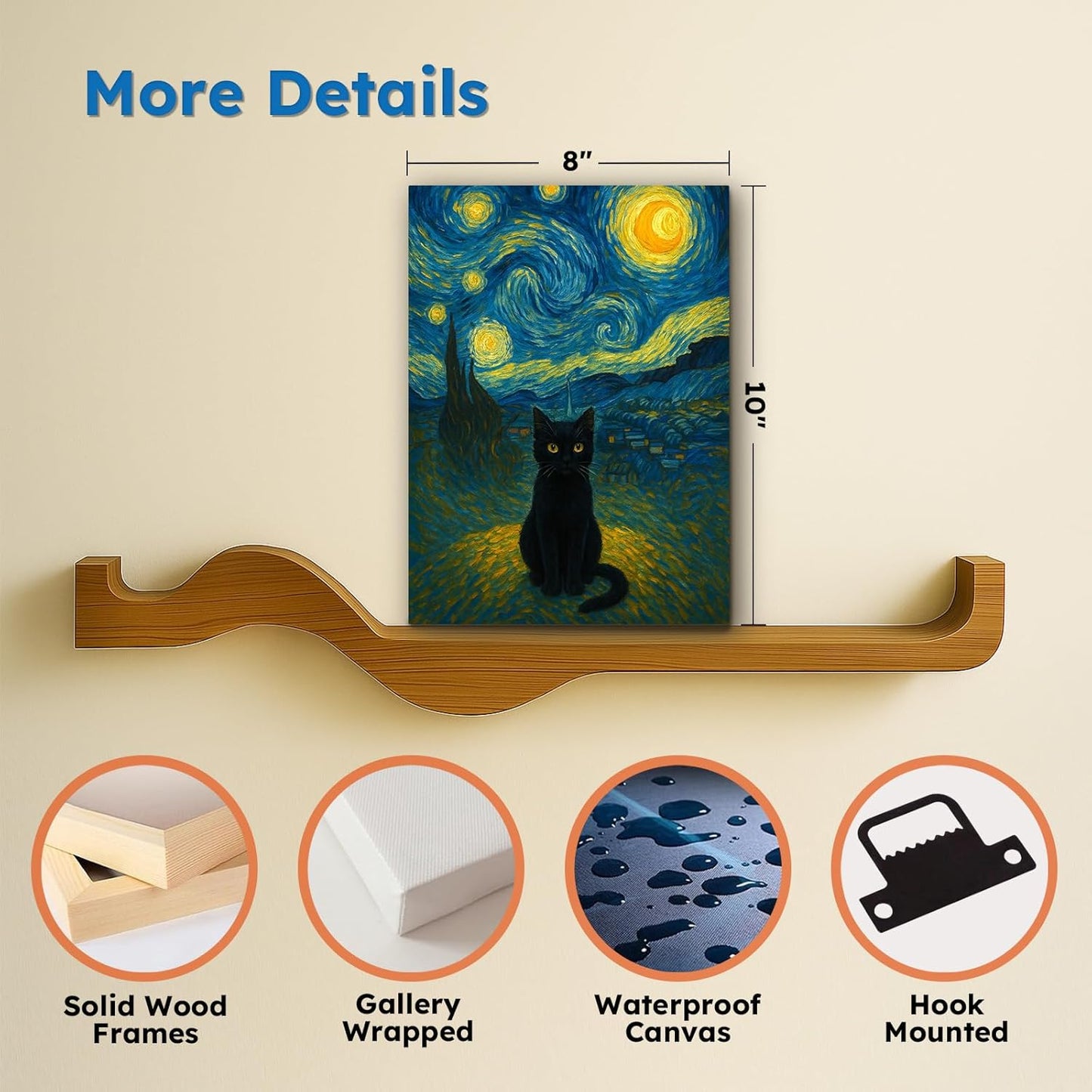 Madewell Living Van Gogh Starry Night with Funny Cat Canvas Print Wall Art (8x10 inch) - Ready to Hang, Waterproof Living Room & Bedroom Decor