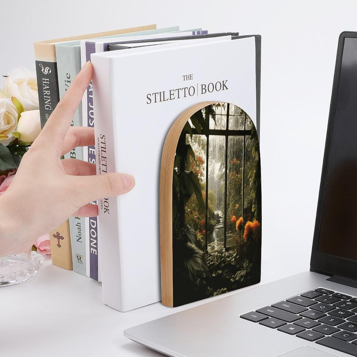 Scenery in The Window Wooden Bookend Non-Slip Book Ends Heavy Duty Book Stopper with Metal Base Books Holderd Decorative Bookends Stands Firmly for Office Supplies