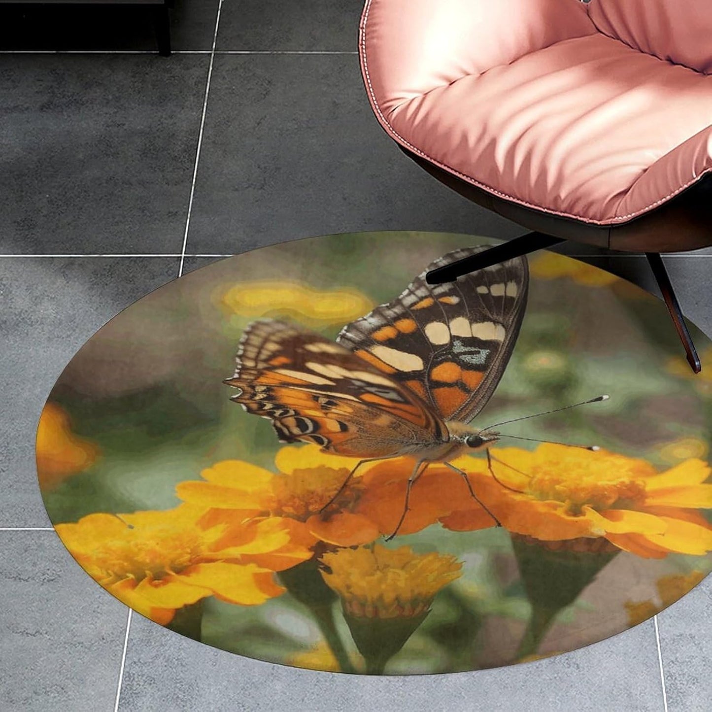 Wildflower Butterfly Circle Rug Retro Luxury Coral Velvet Floor Mat Non Slip Soft Indoor Floor Carpet Comfy Thickened Area Rugs Modern Aesthetic Minimalist Carpets for Home Decor