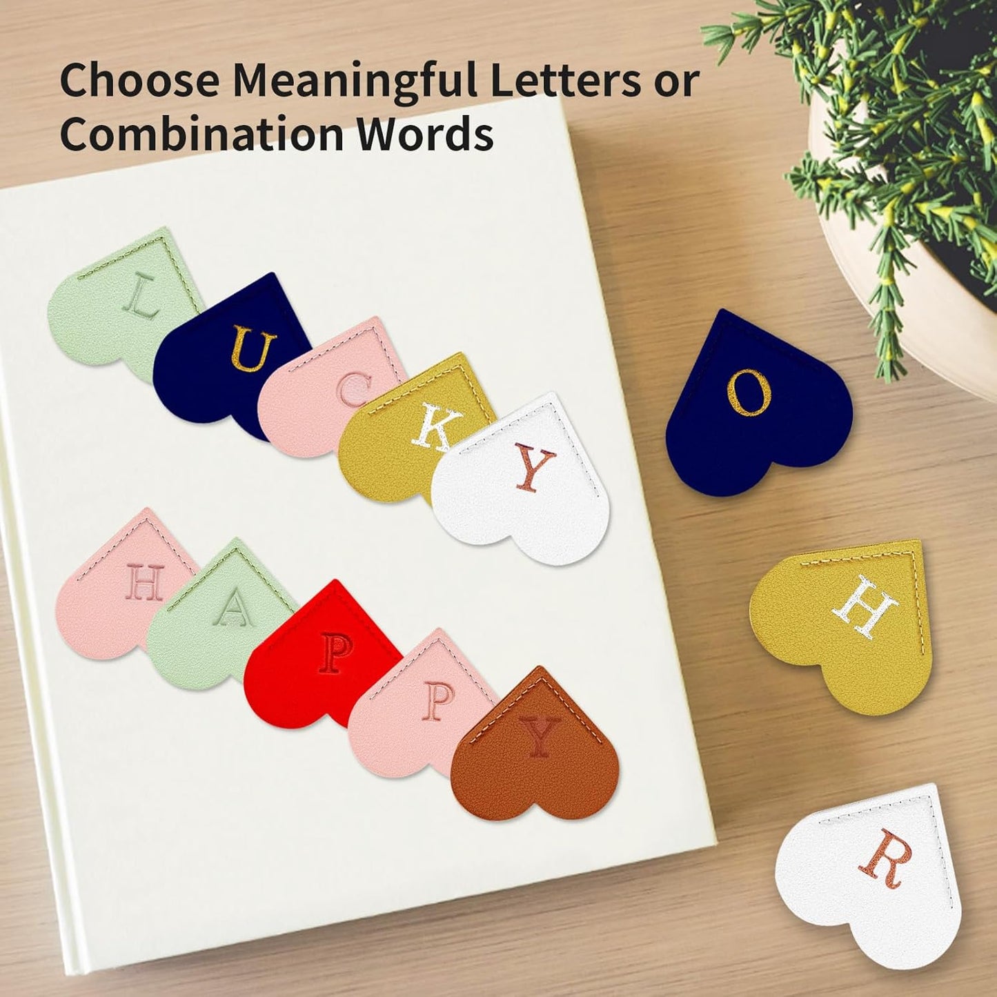 Personalized Leather Heart Bookmark with Initial, Cute Letters Custom Corner Book Mark for Reading Women, Student, Book Lovers, Teacher Appreciation Gifts (Pink+Honeydew Green, A)