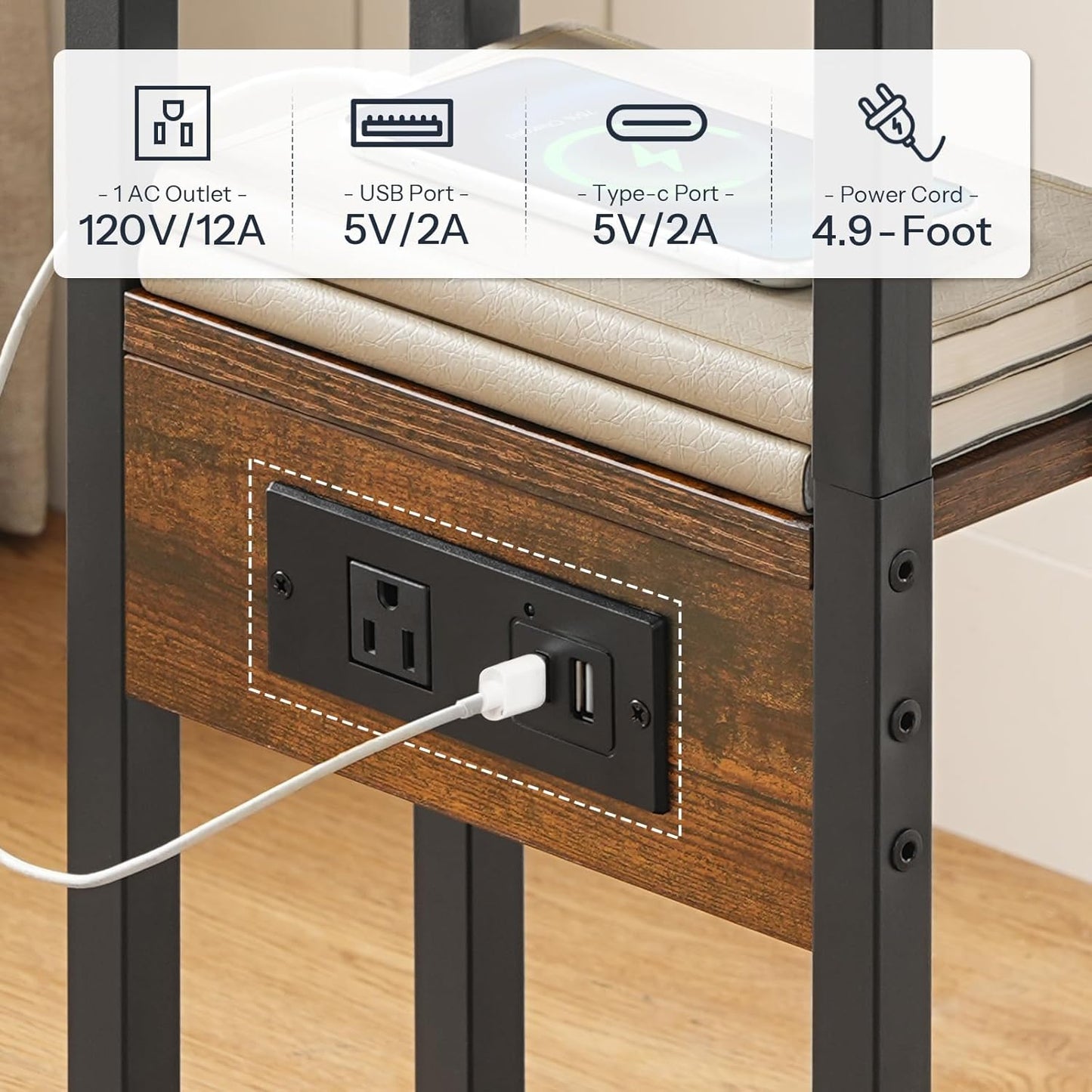 HOOBRO Foldable End Table, C Shaped Side Table with Charging Station, Sofa Couch Table That Slide Under for Living Room Bedroom Small Spaces, Easy Assembly, Rustic Brown and Black BF29USF01