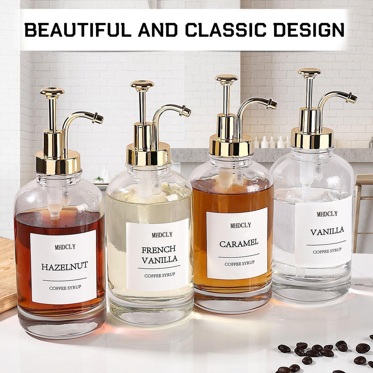 Coffee Bar Accessories, Coffee Syrup Dispenser - 4pack,16.9oz Syrup Dispenser with Labels,Syrup Pump Dispenser for Coffee Bar(Gold Pump)