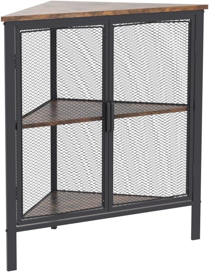 VECELO Corner Cabinet/Table, 3-Tier Shelves with Protection Door, Metal Frame Storage Shelf Organizer for Small Space, Living Room, Kitchen, Bathroom