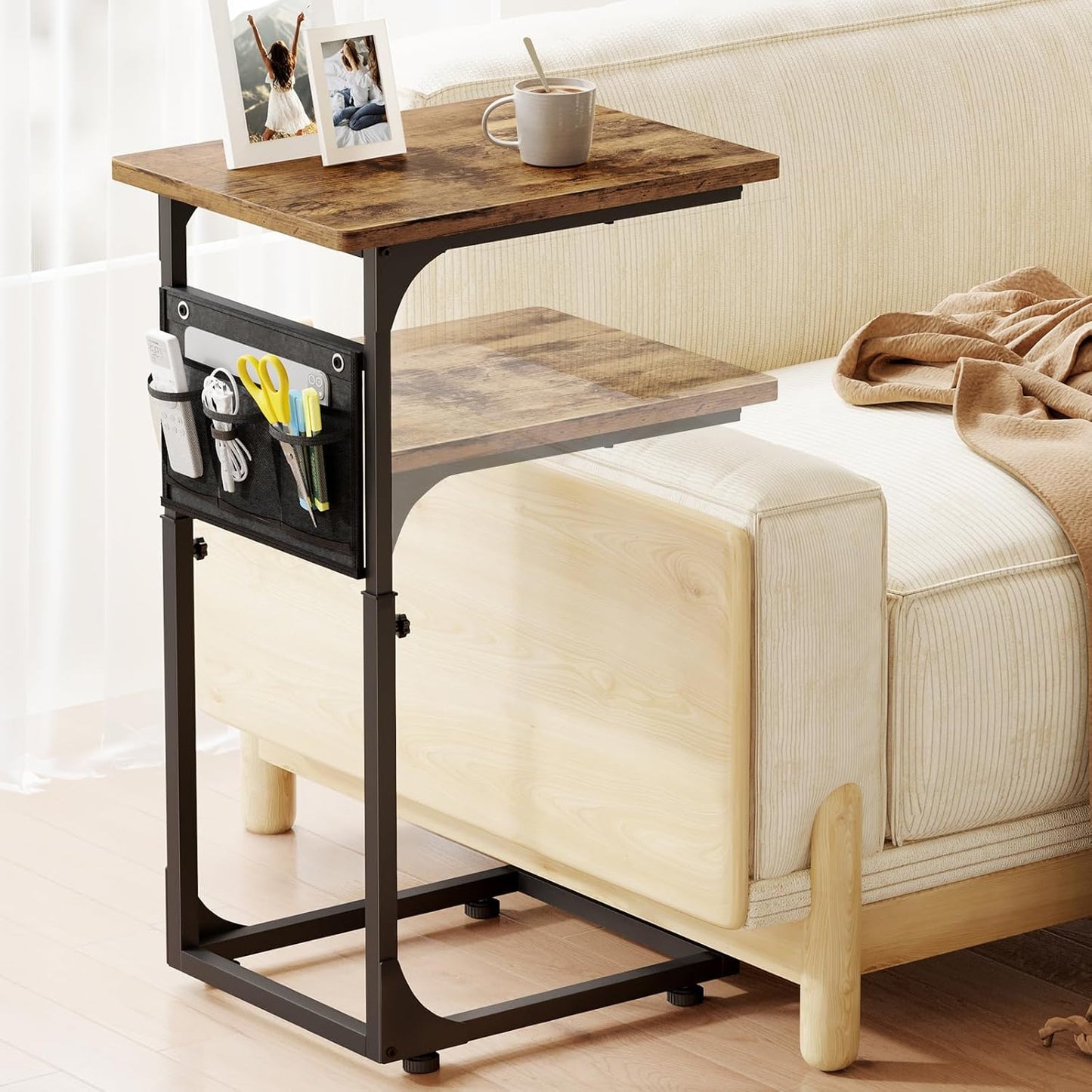 Fixwal C Shaped End Table Adjustable Height Side Table for Couch, TV Tray with Storage Bag Slide Under Sofa Small Tables for Living Room, Bedroom & Office, Rustic Brown