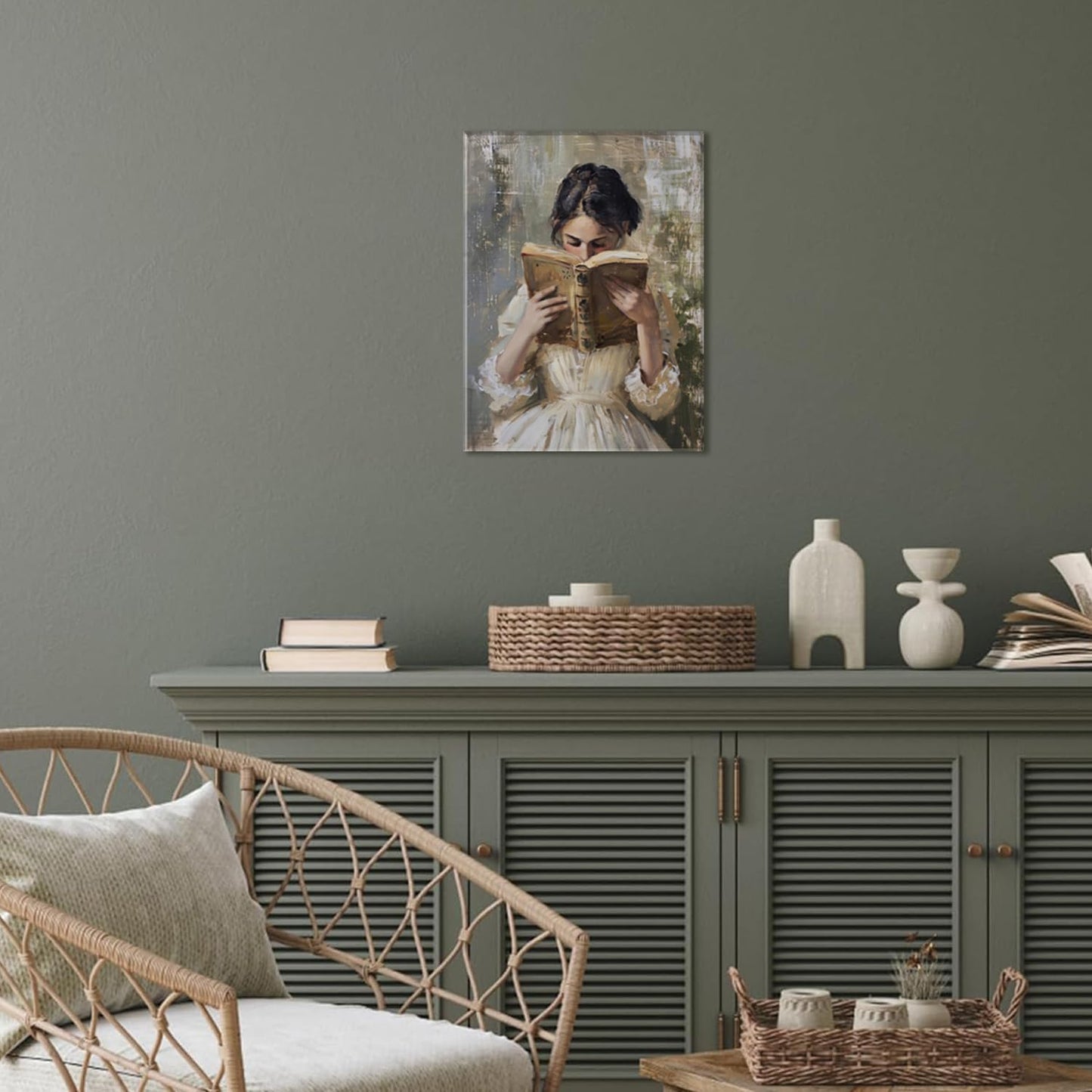 Vintage Victorian Woman Reading Book Wall Art Light Academia Wall Decor Paintings Picture Moody Girl Aesthetic Poster Canvas Print for Bedroom Living Room Dorm Library Nook 12x16Inch Framed
