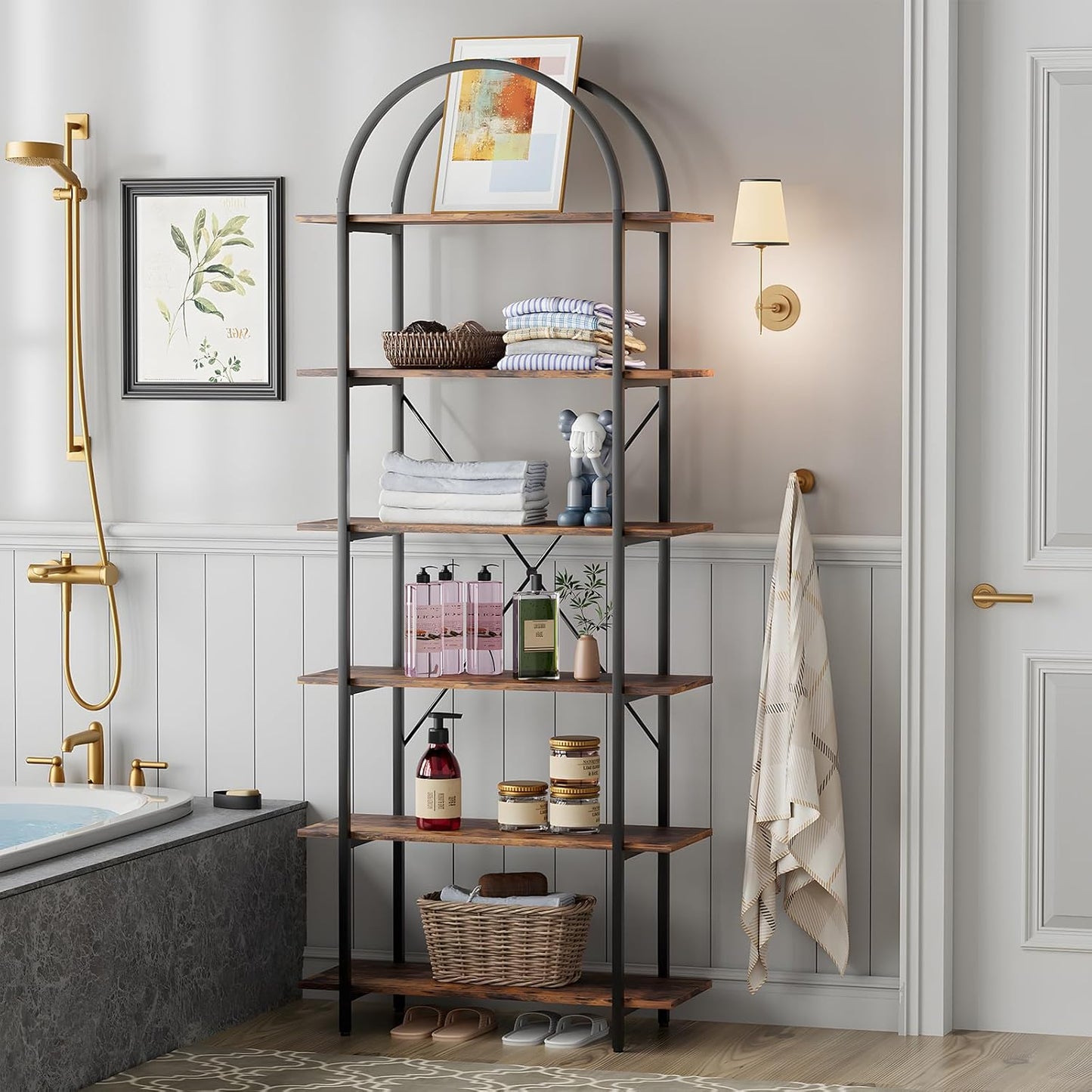 6 Tier Bookshelf, 83" Tall Arched Bookcase, Tall Book Shelf with Metal Frame, Industrial Display Standing Shelf for Living Room, Home Office, Bedroom, Brown