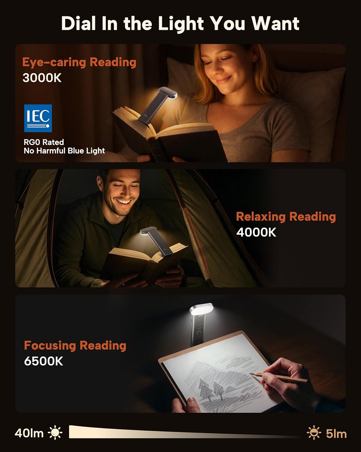 86lux Book Light, Reading Light for Book in Bed, USB Rechargeable LED Night Light with 3 Colors & Limitless Dimming, Aluminum Alloy Bookmark Light for Book Lovers,Technology Black