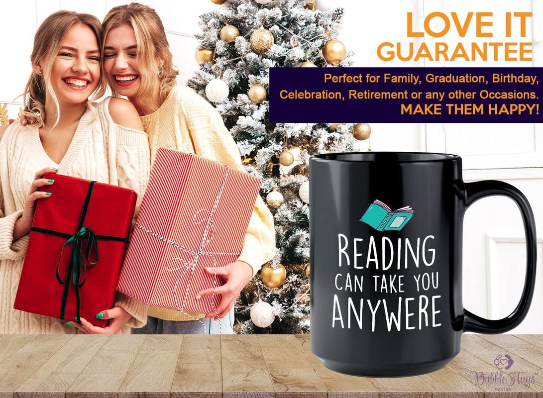 Book Lover Coffee Mug 15oz Black - Reading can take you anywhere - The Perfect Gifts for Book Lovers Literary Gifts Ideas
