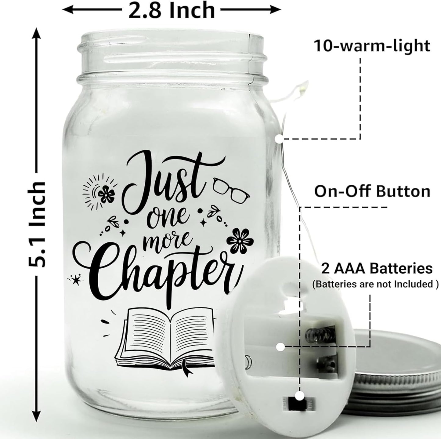 Just One More Chapter Mason Jar Night Light Reading Gifts for Book Lovers Women, Men - Librarian Gifts for Readers Reading Accessories for Book Lovers - Gift for Librarian On Fathers Day, Christmas