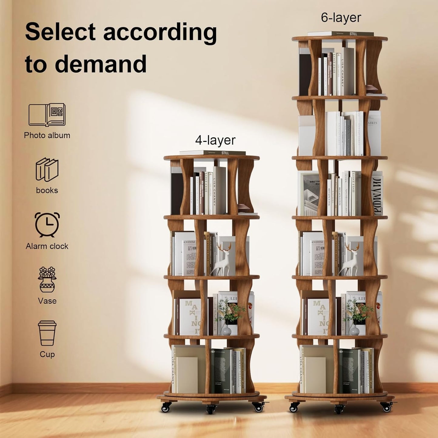 4 Tier Solid Wood Rotating Bookshelf with Wheels, Round Revolving Bookcase Organizer, 360° Spinning Storage Shelf for Corner, Small Narrow Spaces, Home, Office, BedRoom,Living Room,Study Room