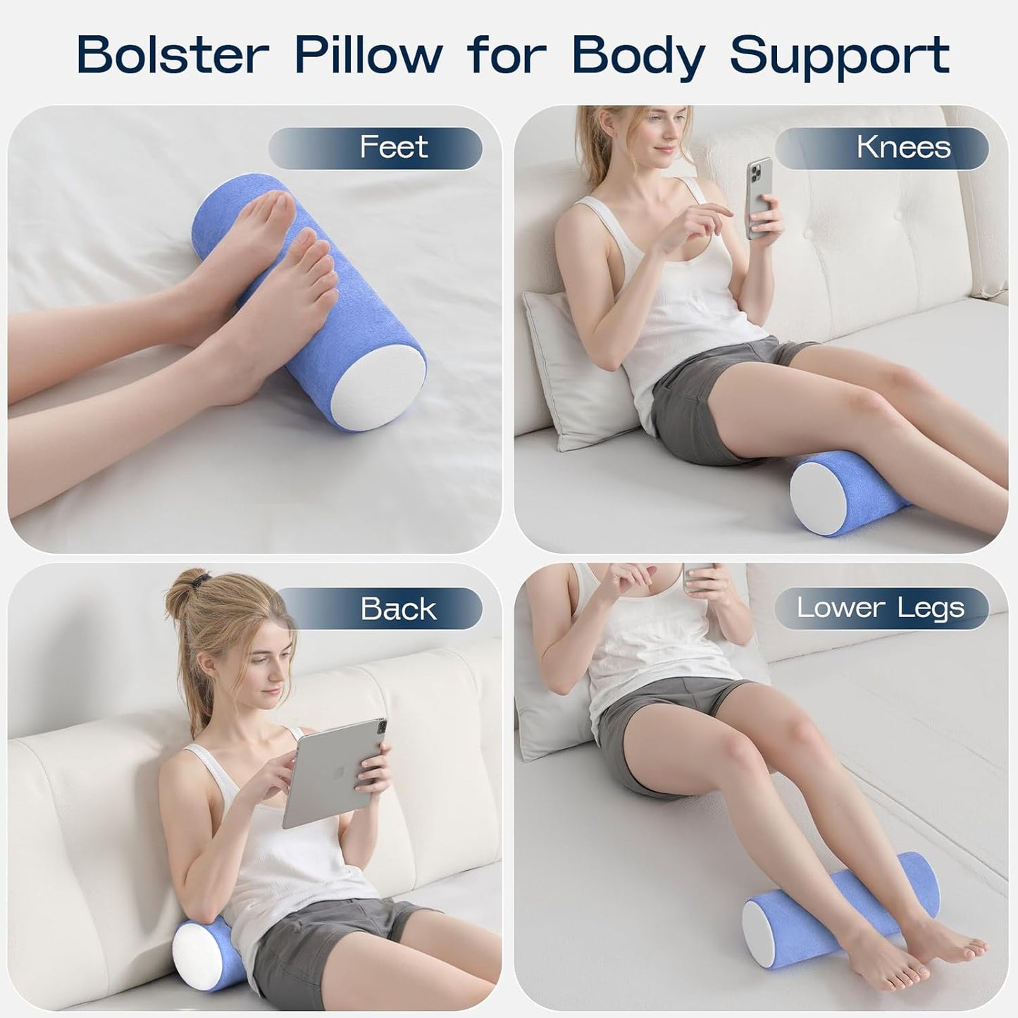 Neck Roll Cervical Pillow for Neck Pain Relief - Memory Foam Neck Pillow for Bed, Round Neck Pillows for Sleeping, 15.7 * 6 * 6inch (Blue-White)