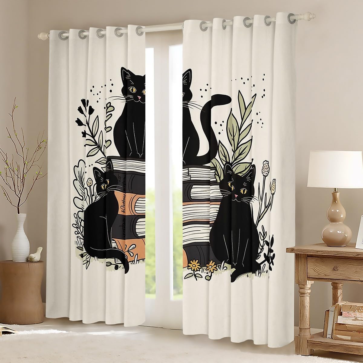 jejeloiu Black Cat Curtains for Bedroom Living Room Garden Floral Blackout Darkening Drapes Cute Kitten Window Treatments, 2 Panels 52 x 84 Inch Reading Book Room Decor