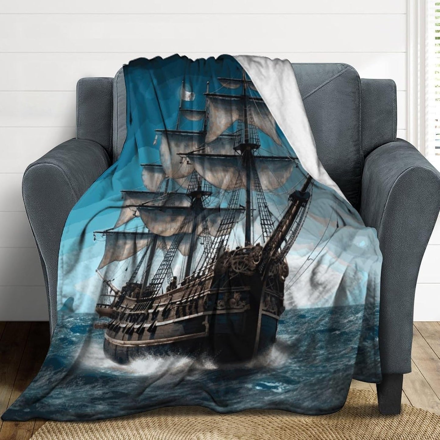 Pirate Ship Blanket Super Soft Lightweight Throw Blanket Cute Cozy Warm Bed Blanket Decorative Fuzzy Blanket All-Season Home Decor Gift for Sofa Couch Living Room 50"*60"（130 * 150cm）
