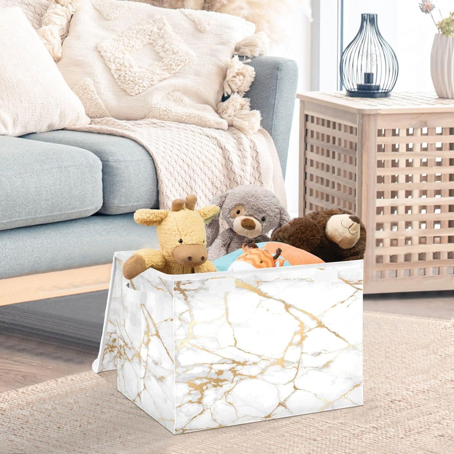 Storage Bin with Lid Gold Geometric Marble White Golden Edge Foldable Storage Box Washable Fabric Storage Cubes Bin Organizer Basket Closet for Home Bedroom Closet Nursery Office