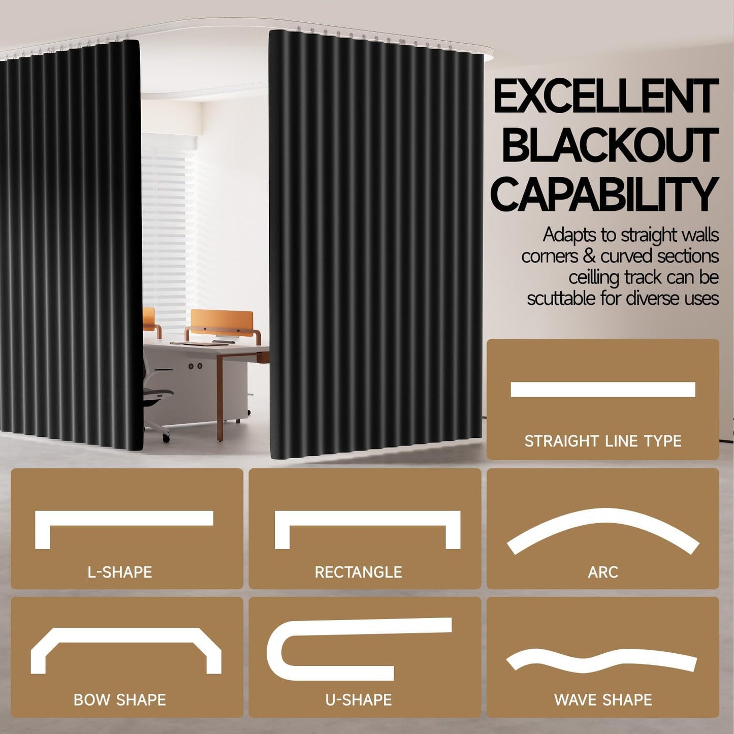 Room Divider Ceiling Curtain W/Flexible Track Sets, (100W x 96L) inch Extra Long Blackout Curtains for Bedroom Ceilling Mount Wall Divider for Room Partition, Privacy Room Divider Panel, Black Drape