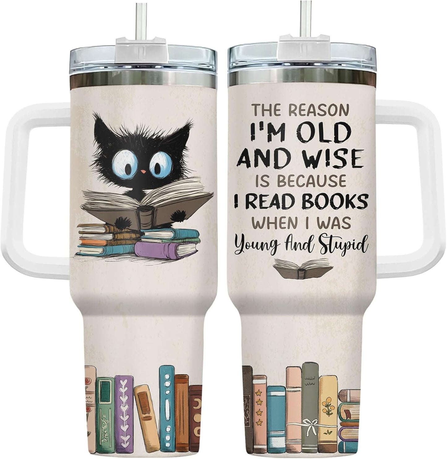 34HD Cat Book Tumbler 40oz with Handle Lid and Straw, Funny Once Upon a Time Girl Loves Bookish Items Vacuum Insulated Travel Mug, Birthday & Mother's Day Gifts for Pet Lovers & Him Her