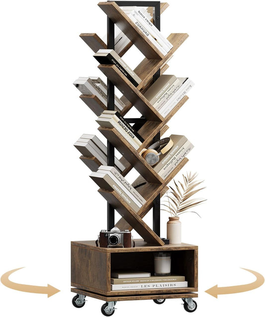 14-Tier Tree Rotating Bookshelf, 360 Degree Spinning Retro Floor Standing Bookcase with Storage Cabinet for Magazines DVDs Books for Small Spaces in Bedroom Living Room Home Office, Rustic Brown