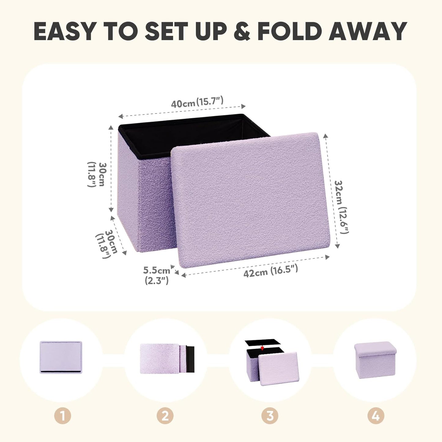 PINPLUS Storage Ottoman Cube Ottoman Foot Rest,Small Foldable Portable Boucle Upholstered Sherpa Ottomans, Faux Teddy Fur, Purple 16.5"x12.6"x12.6"