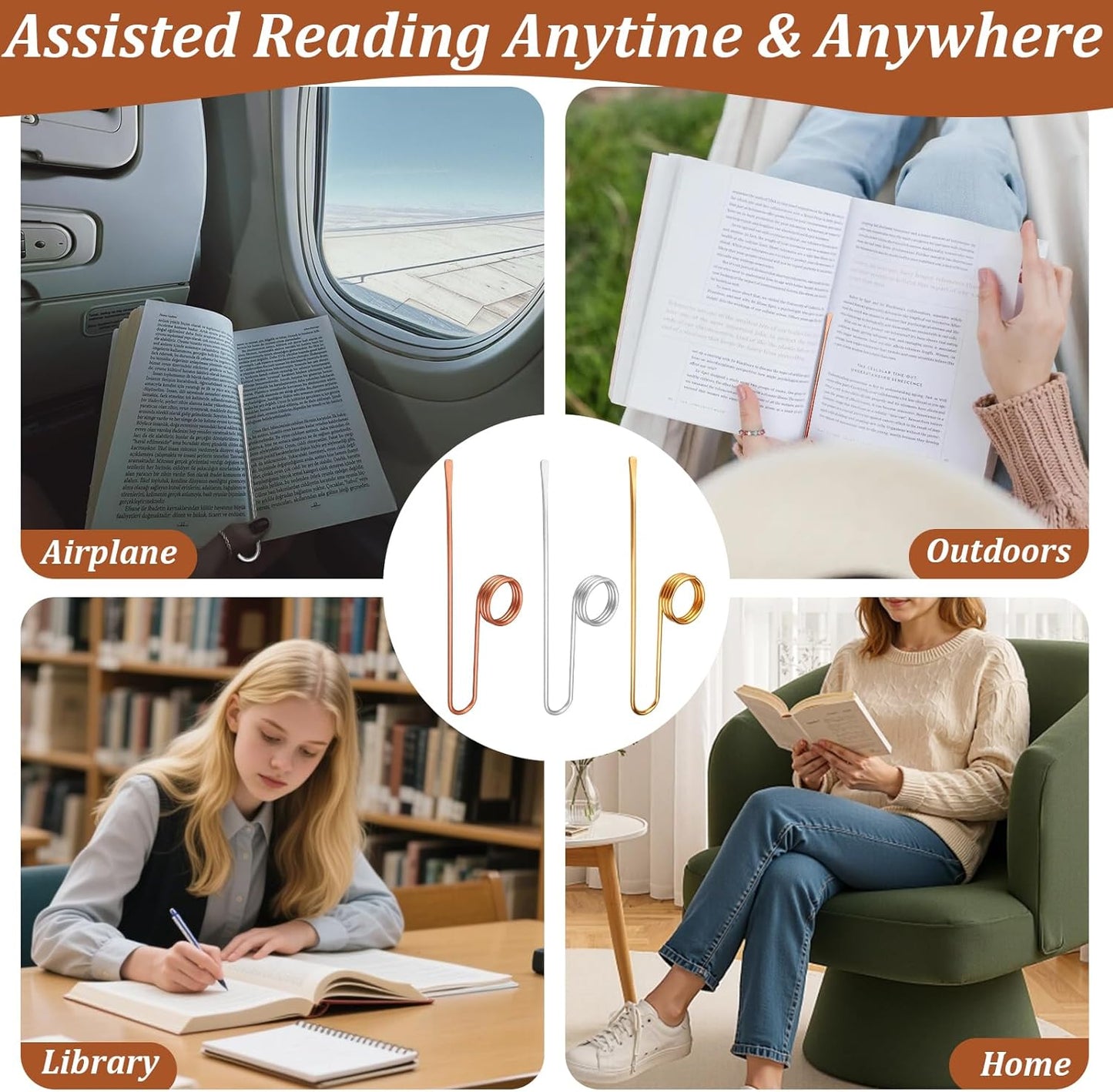 3Pcs Book Holder Ring, Metal Thumb Book Page Holder, Lightweight Ring Book Opener for Reading, Ergonomic Book Page Holders, Gifts for Book Lovers (Copper/Gold/Silver)
