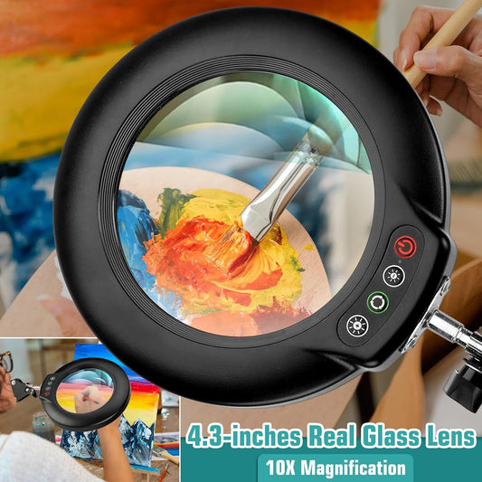 10X Magnifying Glass with Light and Stand, Real Glass Lens (Not Acrylic), 5 Color Modes, Stepless Dimmable, LED 3-in-1 Floor Lamp, Swing Arm with Clamp, Lighted Magnifier Hands Free for Craft, Reading
