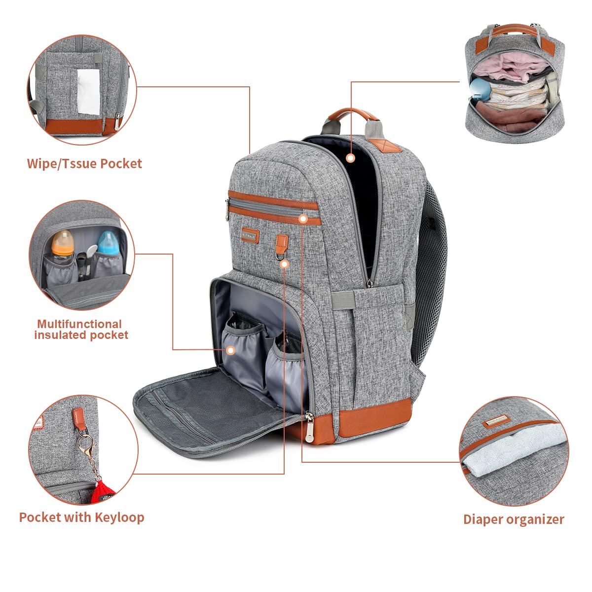 Diaper Bag Backpack, Large Baby Nappy Bags with Portable Changing Pad for Boys and GirlsMultifunction Travel Baby Bag for Moms Dads, Shower Gifts Waterproof and Stylish，Grey