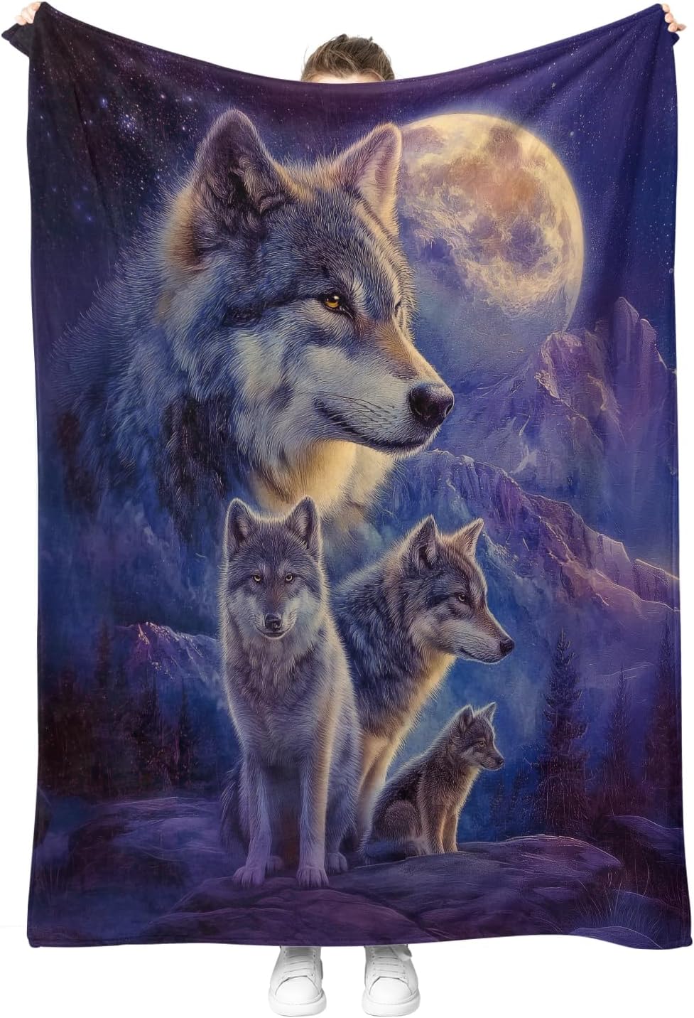 Wolf Starry Sky Moon Blanket for Adults Kids Mountains Trees Decor Gifts for Women Men Boys Girls Birthday Christmas Halloween Easter Dad Wife Mom Son Husband Boyfriend Throw Blanket 50"x60"