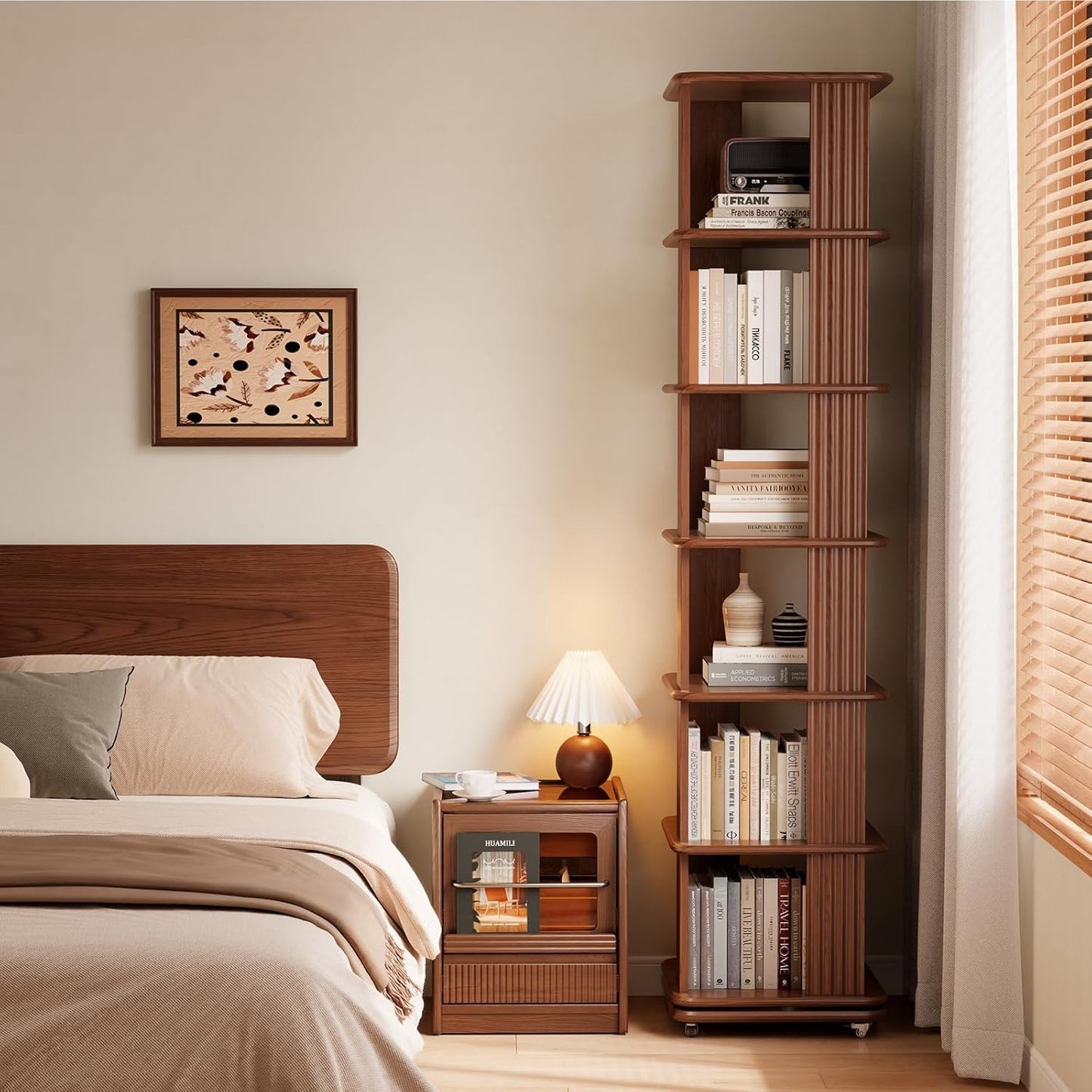 Solid Wood Rotating Bookshelf, 6-Tier Rolling Bookcase，360 Degree Revolving Bookshelf，Spinning Bookshelf Tower for Small Spaces, Bedroom，Office，Living Room，Classroom (Walnut)