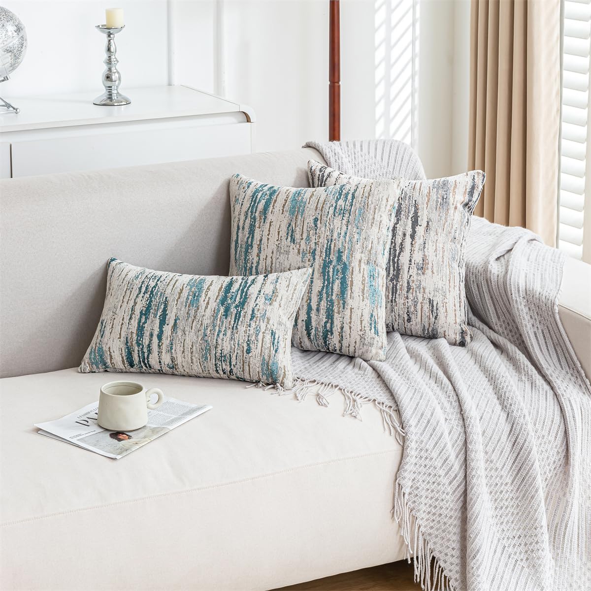 Lumbar Pillow Covers 12x20 Inch Set of 2 - Chenille & Jacquard Textured Cushion Covers with Abstract Striped Design - Modern Coastal Decor in Cream Beige & Teal Ombre