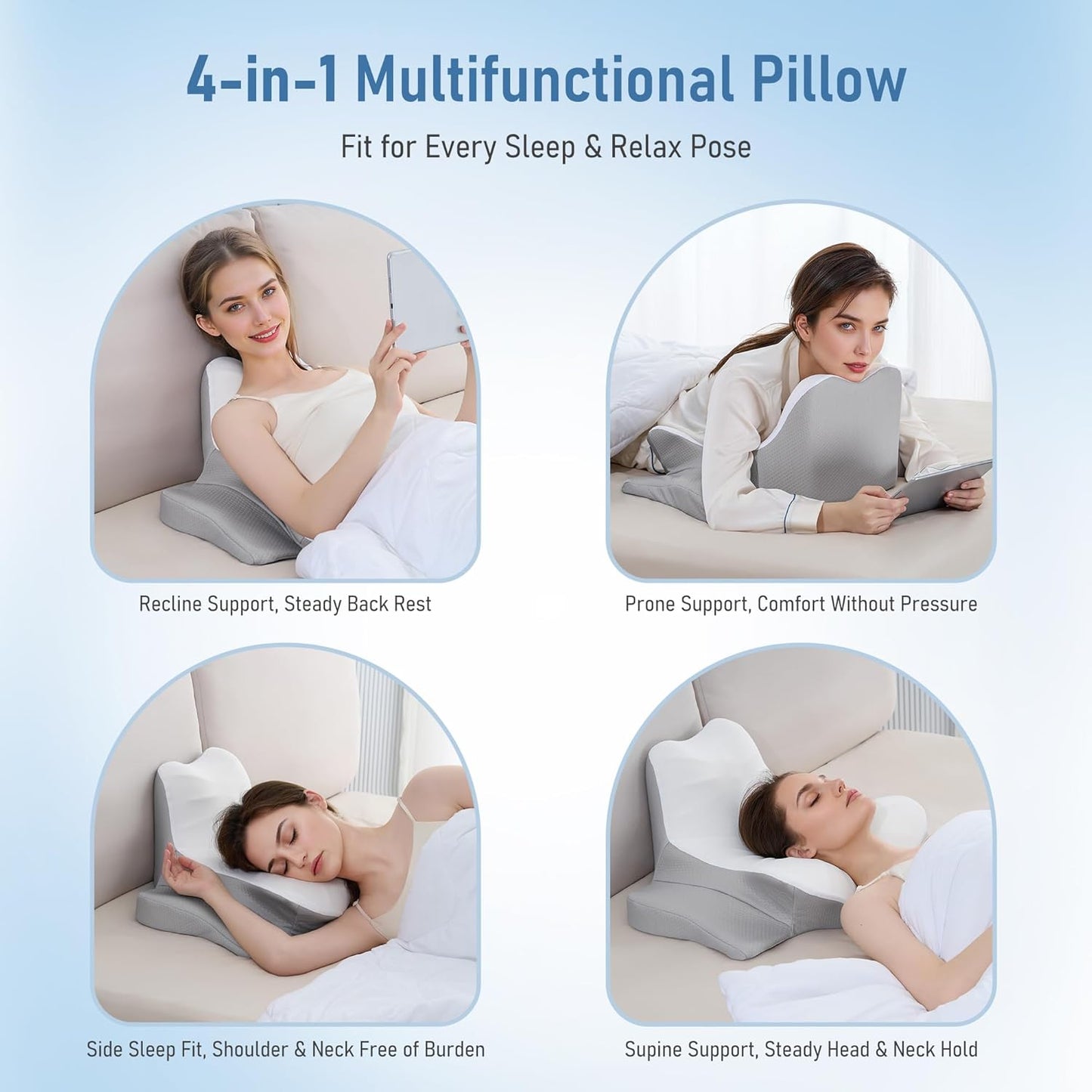 Reading Pillow for Bed,Contour Memory Foam Pillow for Sleeping, Leaning and Lying, Cervical Pillow for Neck Pain Relief, Ergonomic Neck Support Pillow for Side, Back and Stomach Sleeper