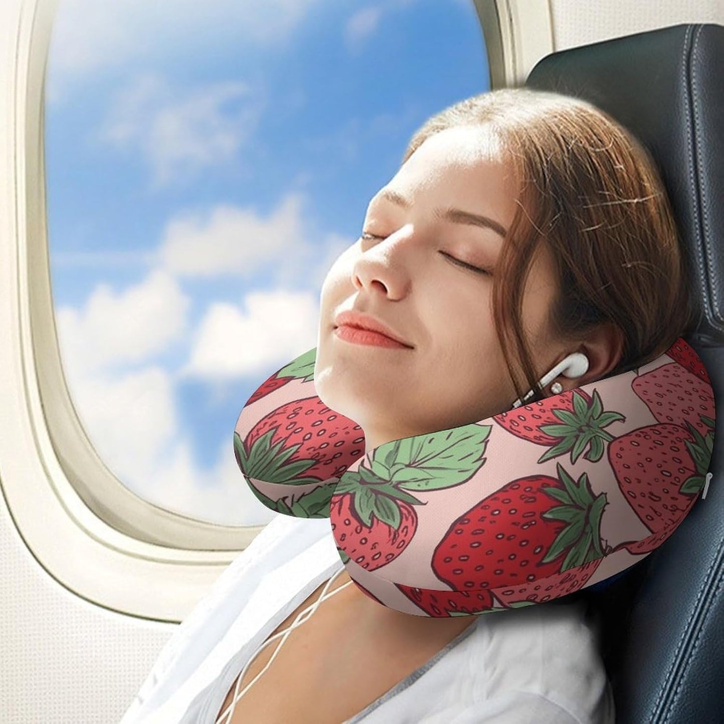 Strawberry Pattern Neck Pillow Memory Foam U Shaped Pillows Portable Pillows for Shoulder Travel Head Support Pillow with Concealed Zipper for Airplane Car Home Office