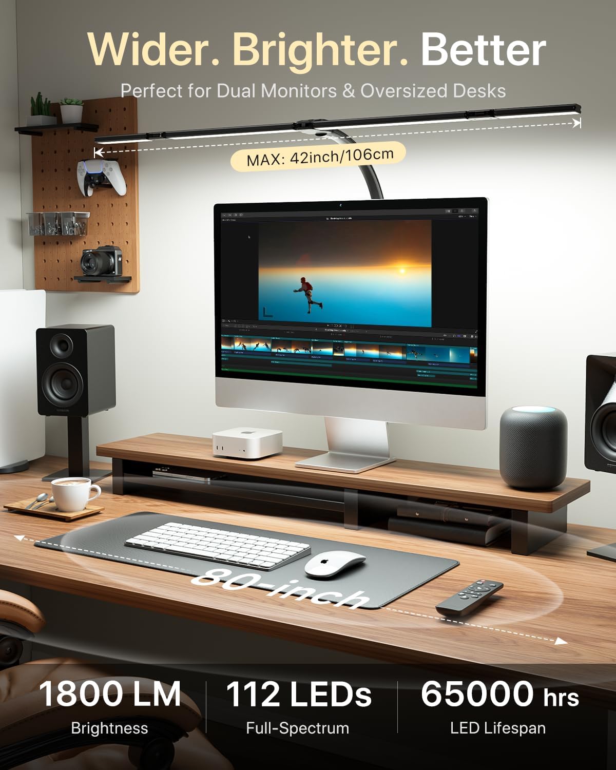 ONEMIX 42" LED Desk Lamp with Clamp, Architect Desk Light with Remote, Adjustable 4-Segment Bar, 1800LM Bright, Eye-Caring Desk Lamp for Home Office, Reading, Study, Dual Monitors, Easter (Black)