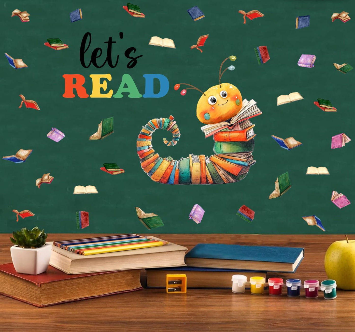 Colorful Book Caterpillar Wall Stickers, Let’s Read Classroom Vinyl Wall Decals, Removable School Reading DIY Wall Art for Kindergarten Preschool Library Decor